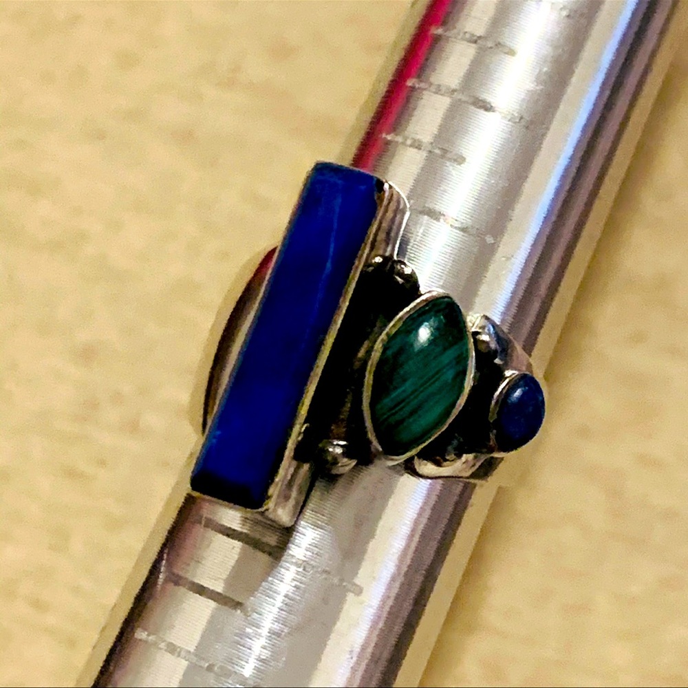 Sterling Silver Ring  | Lapis & Green Stones Mosaic - Picture 5 of 5